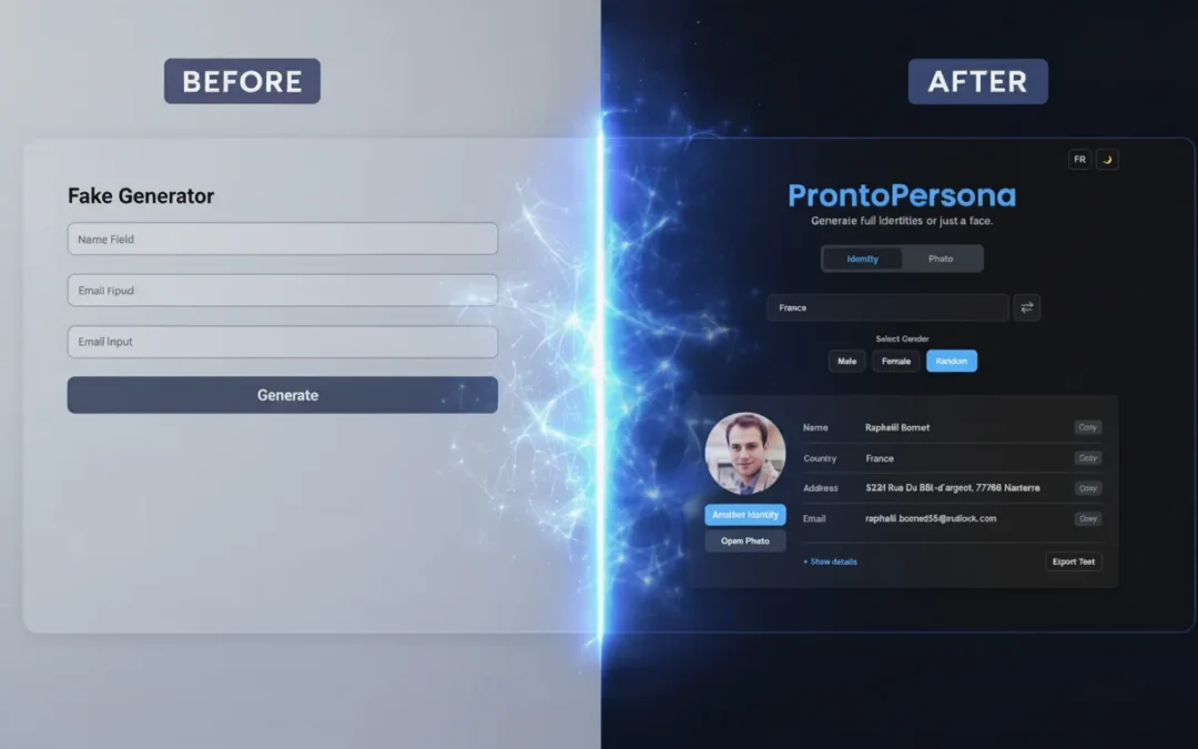 Before and after comparison showing a basic wireframe versus a high-fidelity user profile generated by ProntoPersona for UI/UX design testing.